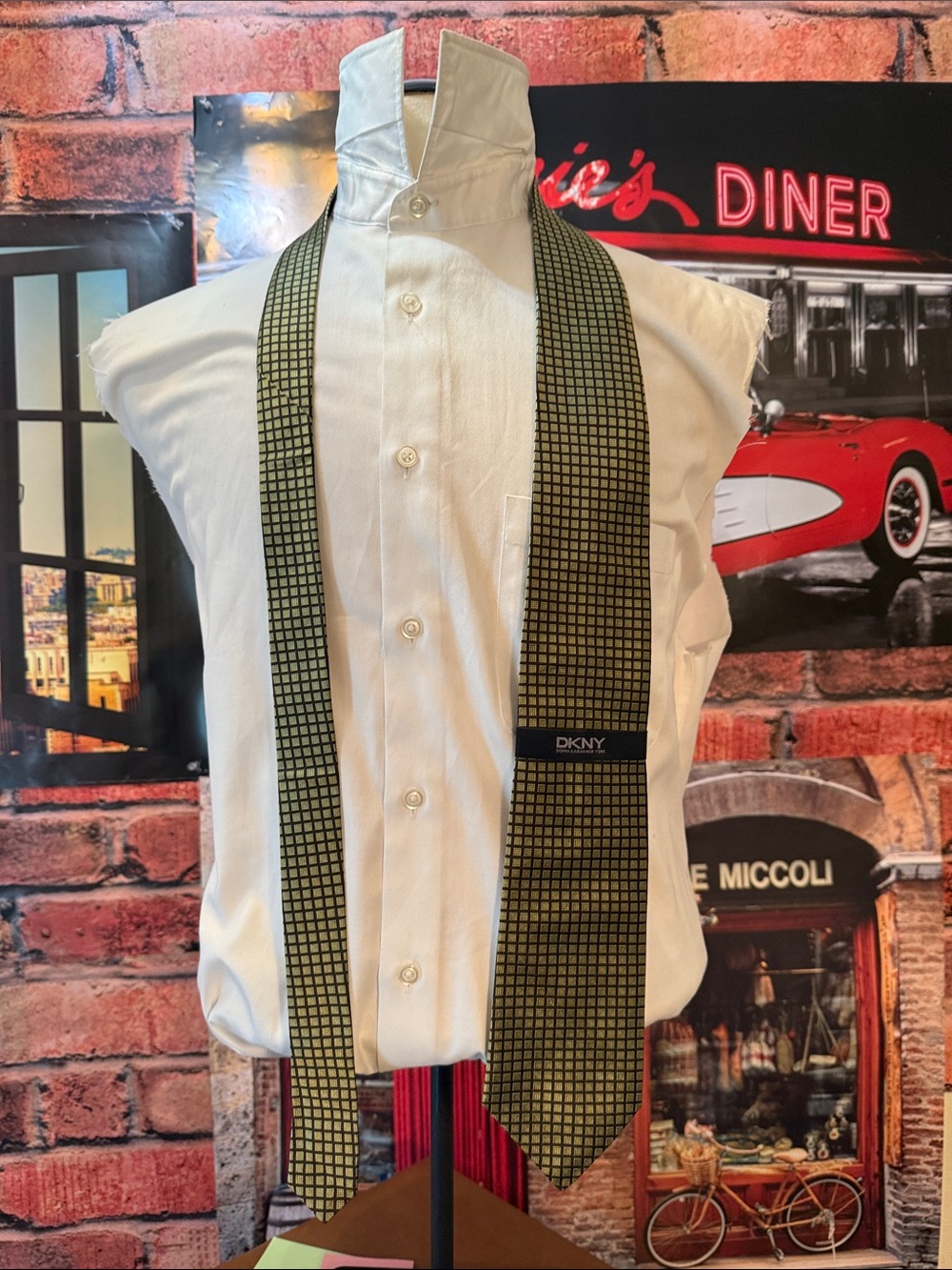 DKNY Men's Olive Green Grid Silk Tie